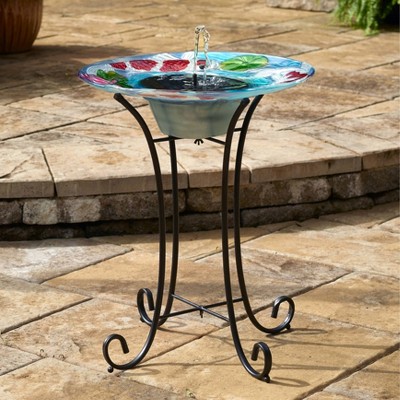 Hand-Painted Glass Koi Solar Birdbath with Steel Stand