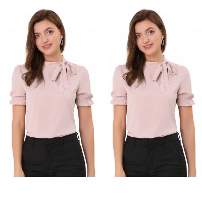 Allegra K Women's Elegant Bow Tie Neck Elastic Cuffs Office Short Sleeve Blouse 2 Pcs
