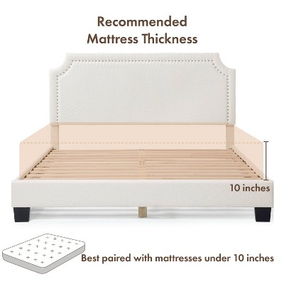 White Boucle Upholstered Queen Bed with Nailhead Trim and Wood Frame