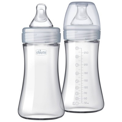 Chicco 2pk Duo Hybrid Baby Bottle with Invinci-Glass Inside/Plastic Outside with Slow Flow Anti-Colic Nipple - Clear/Gray - 9oz