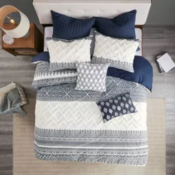 3pc King/California King Mila Cotton Duvet Cover Set with Chenille Tufting Navy - Ink+Ivy