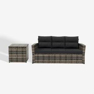 WestinTrends 2-Piece PE Rattan Wicker Outdoor Sofa with Cushions Side Table Set - 1 of 4