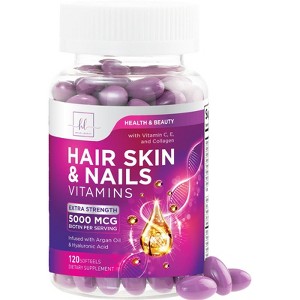 Hair, Skin & Nails Vitamins Women, Biotin 5000mcg to Support Hair Growth with Argan Oil, Collagen & Hyaluronic Acid - 120 Softgels By Hello Lovely! - 1 of 4