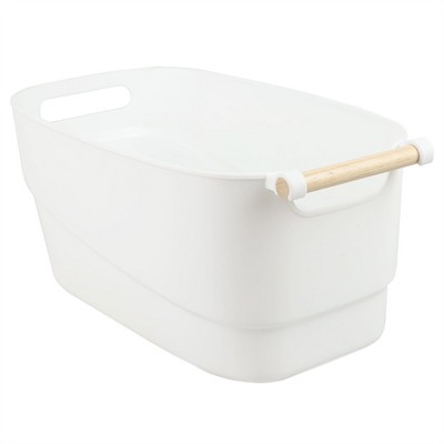 Home Basics Large Plastic Basket with Wooden Handle, White
