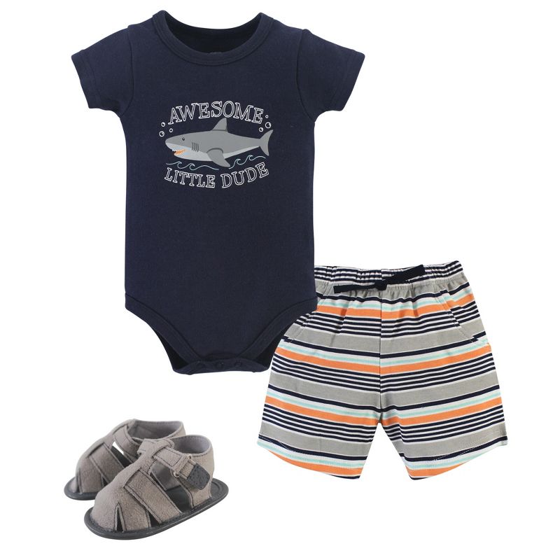 Hudson Baby Infant Boy Cotton Bodysuit, Shorts and Shoe 3pc Set, Shark, 1 of 3