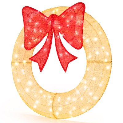 Tangkula 48 Inch Lighted Christmas Mesh Wreath Pre-Lit Festive Wreath w/ 200 LED Bulbs