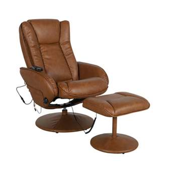 Flash Furniture Poppy Massaging Multi-Position Plush Recliner with Side Pocket and Ottoman in Brown LeatherSoft