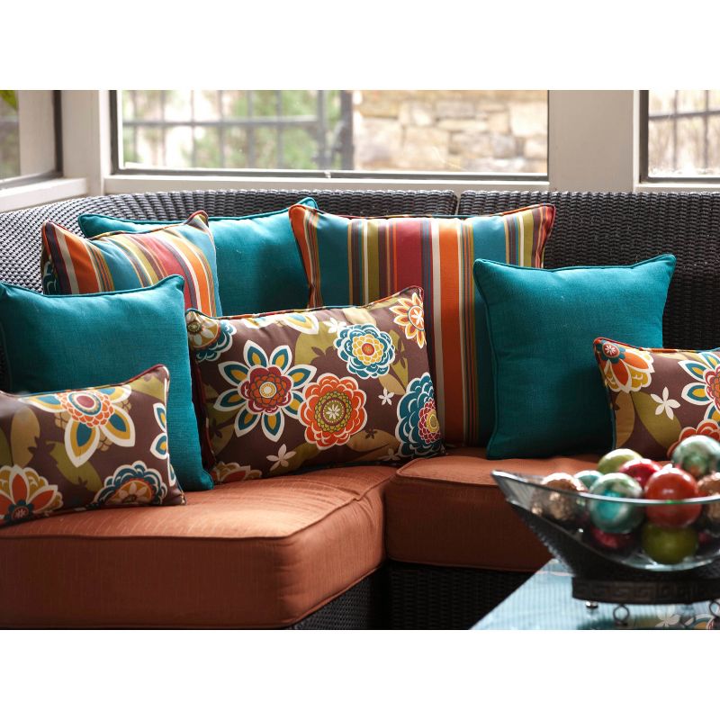 Outdoor 2-Piece Reversible Lumbar Toss Pillow Set - Brown/Turquoise Floral/Stripe - Pillow Perfect, 4 of 9