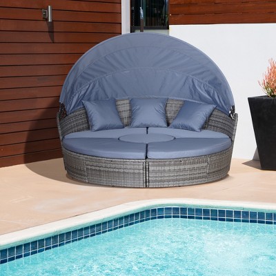 Gray and Blue Cushioned Rattan Wicker Outdoor Daybed with Canopy