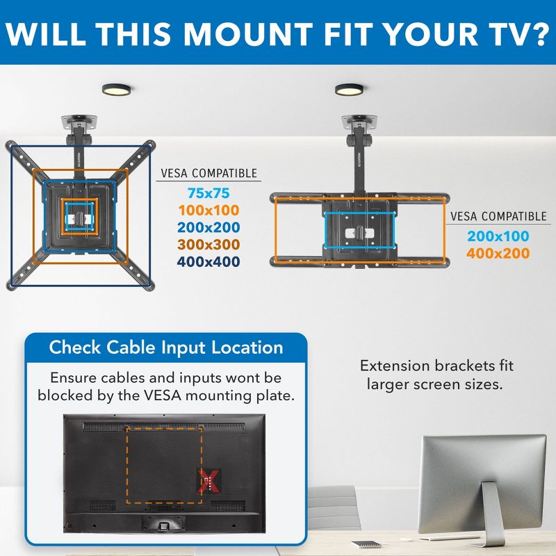 Mount-It! Height Adjustable TV Mount, Folding Ceiling TV Mount for 23 to 55 Inch, Heavy-Duty Bracket for Roof and Slanted Walls, VESA 400x400mm, 3 of 9