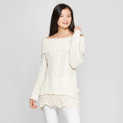 Women's Long Sleeve Twofer Marilyn Cable Knit Sweater – Knox Women's Long Sleeve Twofer Marilyn Cable Knit Sweater – Knox
