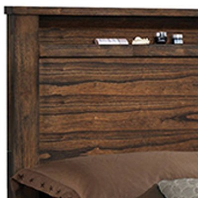 Oak Queen Bed with Storage and Upholstered Headboard