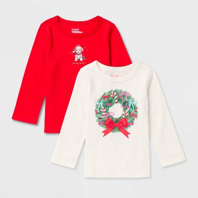 Toddlers 2pk Adaptive Long Sleeve Christmas 'Wreath/Puppy' Graphic T-Shirt - Cat & Jack™ Cream/Red