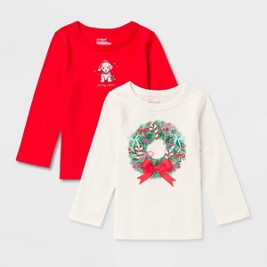Toddlers 2pk Adaptive Long Sleeve Christmas 'Wreath/Puppy' Graphic T-Shirt - Cat & Jack™ Cream/Red - 1 of 3