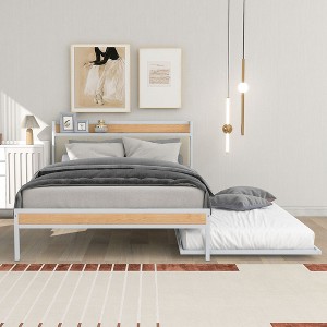 Full Size Metal Platform Bed Frame with Twin size trundle, Upholstered headboard, Sockets, USB Ports and Slat Support, No Box Spring Needed - 1 of 4