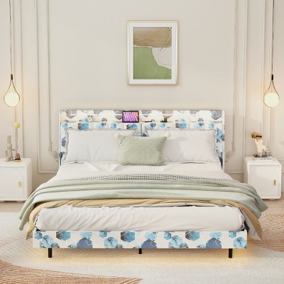 Floating Platform Bed with Velvet Upholstered Headboard, Metal Bed with LED Lights and USB Ports, Bed with Hidden Storage-Baofuwish