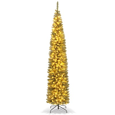 Tangkula 5/6/7/8/9FT Artificial Christmas Tree Pre-lit Pencil Xmas Tree with 296/390/499/591/699 Branch Tips 150/180/200/300/400 Warm White LED Lights
