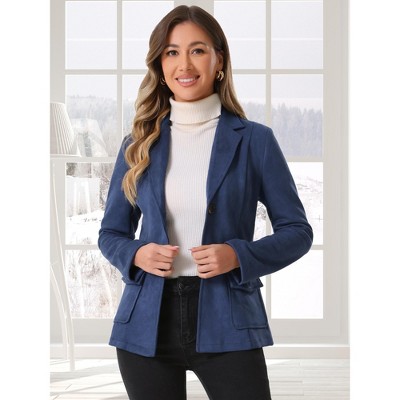 INSPIRE CHIC Women's Faux Suede Belted Lapel Single Breasted Work Outwear Blazer X-Small Dark Blue — фото 2