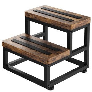 Itopfox 2 Step Wooden Step Stool for Adults and Kids, Heavy Duty Non-Slip Bedside Foot Stool with 500 Lbs Capacity, Rustic Brown - 1 of 4