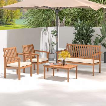 Costway 4 PCS Patio Wood Furniture Set with Loveseat, 2 Chairs & Coffee Table for Porch White/Grey/Navy