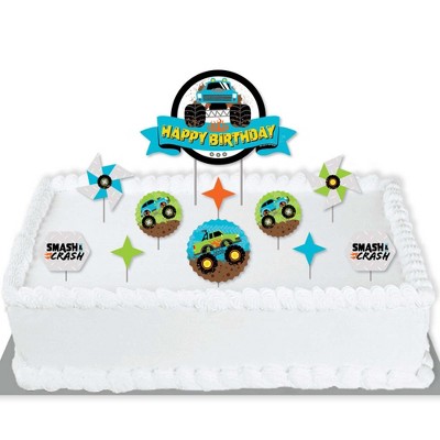 Big Dot of Happiness Smash and Crash - Monster Truck - Boy Birthday Party Cake Decorating Kit - Happy Birthday Cake Topper Set - 11 Pieces