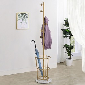 Kings Brand Furniture Freestanding Metal Hall Tree Coat Rack Stand with Umbrella Holder for Entryway Hanging Clothes, Hats, Bags (Gold) - 1 of 4