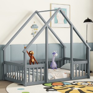 Twin Size Wood House-Shaped Floor Bed with Fence and Guardrails - 1 of 4
