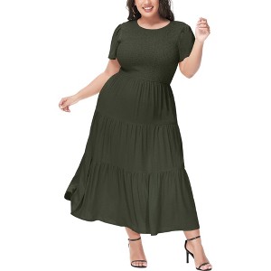 Anna-Kaci Women's Plus Size Casual Round Neck Flutter Short Sleeve Elastic Waist Smocked Maxi Dress - 1 of 4