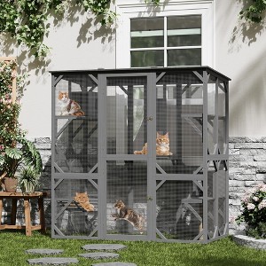70'' Walk-in Window Catio Outdoor,Large Wooden Cat Enclosure with 4 Jumping Platforms & 2 Napping Houses,Swing Hammock, Sisal Post,Slide Door - 1 of 4