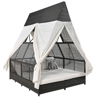 Nestfair Wicker Outdoor Day Bed Lounge Bed with Adjustable Backrest and Cushions Cream