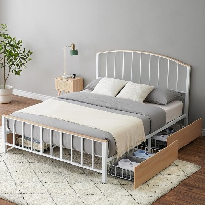homfan Metal Platform Bed with Headboard & Footboard, Steel Slat Support, No Box Spring Needed Includes 4 Storage Drawers, Mattress Foundation