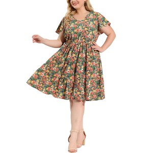 Agnes Orinda Women's Plus Size Floral Printed V neck Empire Waist Flared Casual Midi Dresses - 1 of 4