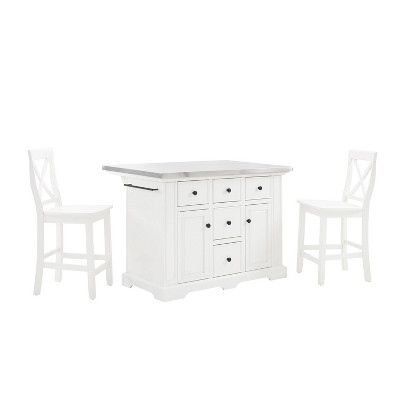 Julia 50'' White and Stainless Steel Kitchen Island Set with Stools