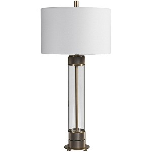 Uttermost Industrial Table Lamp 35" Tall Antiqued Brass Clear Glass White Fabric Drum Shade for Living Room Bedroom House Bedside - 1 of 1