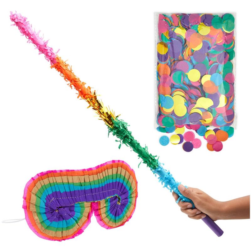 Blue Panda 30-Inch Rainbow Pinata Stick with Rainbow Blindfold and Colorful Confetti - Pinata Bat for Kids Birthday Party, 1 of 9