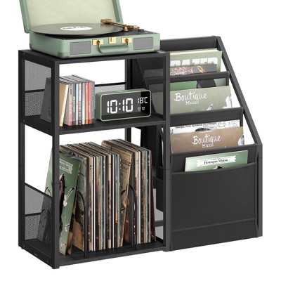 HDZNVF Record Player Stand, 3-Tier Side Table, Vinyl Record Storage up to 140 Albums, Ebony Black