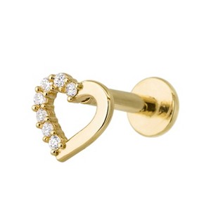 Jewelry Avalanche Solid 14K Gold Half CZ Heart-shape Labret Stud, Helix, Tragus, 8mm Post, Internally Threaded, Flat Back, Valentine's Day gift - 1 of 4