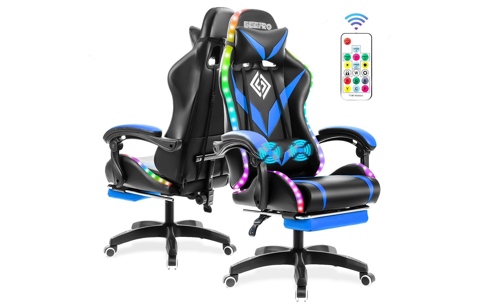 Hoffree Upholstered Massage Racing Gaming Chair Ergonomic Office PC Chair with Footrest & RGB Light