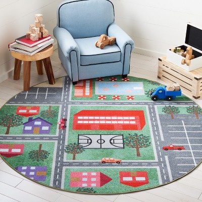 Kids Round Green and Charcoal Playhouse Area Rug