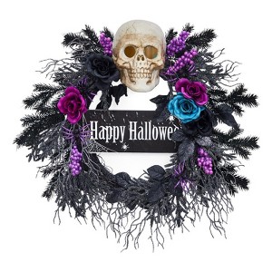 22'' Halloween Skeleton Wreath with Lights - Spooky Front Door Wreath, Adorned with Black/Blue/Purple Flowers - Ideal Indoor Decoration - 1 of 4