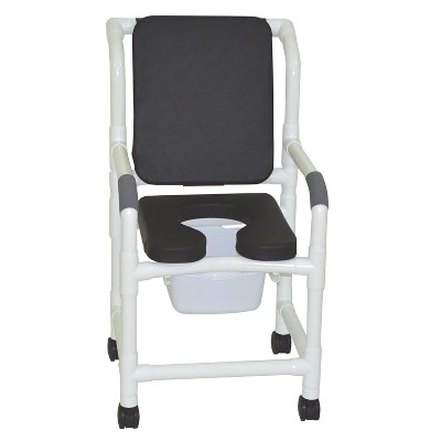 MJM International Corporation Shower Chair 18 In Width 3 In Black Cushionpadded Back Black 10 Qt Slide Out Commode Pail300 Lbs Wt