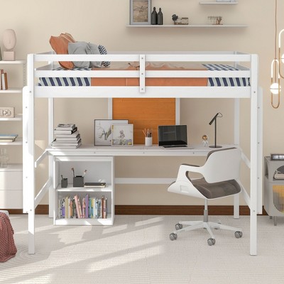 NicBex Full Size Bunk Bed with Desk Loft Bed Pine Frame Bed Frame with Writing Board, Lockers, Guardrails and Ladder, No Box Spring Required