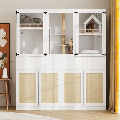 FUFU&GAGA White Large Cat Cabinet Sisal Door Built-in Cat Climbing Shelf Large space and storage function