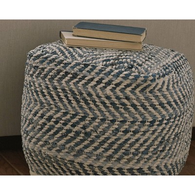 Ashley Furniture Chevron Pouf Ottoman - Denim Woven Square Stool, Blue Traditional Style
