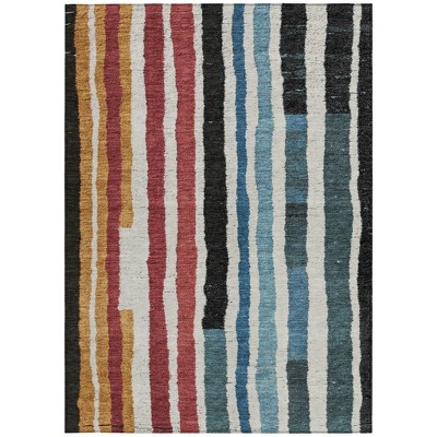 HomeRoots 8' X 10' Black Denim Blue And Merlot Striped Washable Indoor Outdoor Area Rug