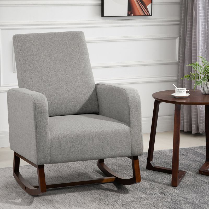 HOMCOM Accent Lounge Rocking Chair with Solid Curved Wood Base and Linen Padded Seat, 3 of 9