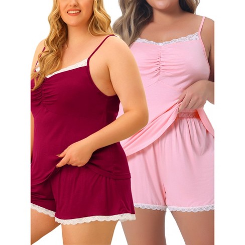 Agnes Orinda Women's Plus Size Sleeveless Contrast Lace Trim Packs Pajamas Sets - image 1 of 4