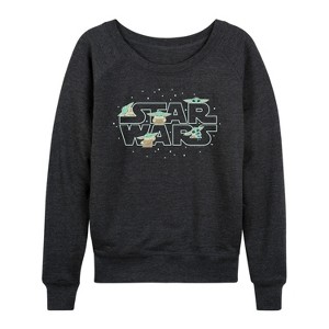 Women's - Star Wars - The Mandalorian Grogu Star Wars Lightweight French Terry Wide Neck Long Sleeve Graphic Shirt - 1 of 4