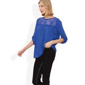 Anna-Kaci Women's 3/4 Sleeve Loose Fit Top with Sheer Floral Lace Yoke and Button Tab Sleeves - 1 of 3