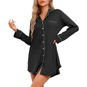 cheibear Womens Nightgown for Women Long Sleeve Sleepshirt Button Down Notch Collar Boyfriend Nightshirt Sleepwear - 1 of 4
